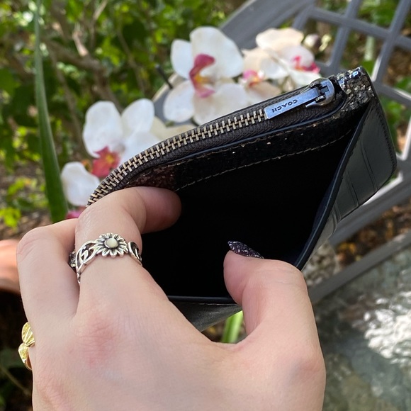 Coach Navy Blue Leather & Silver Glitter Compact Slim Wallet - Picture 8 of 16